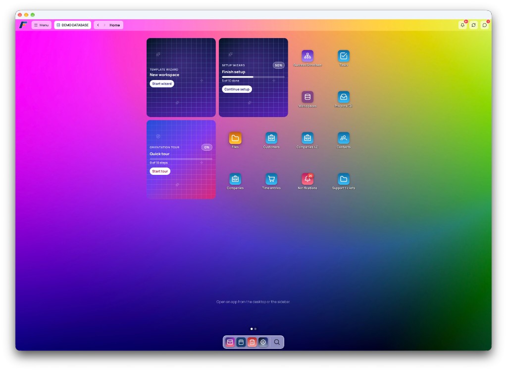 createFLOW – die Plattform für CRM, Dashboards und tägliche Abläufe 1 createFLOW Multitask-Desktop mit Apps, Setup-Wizard und Dock
