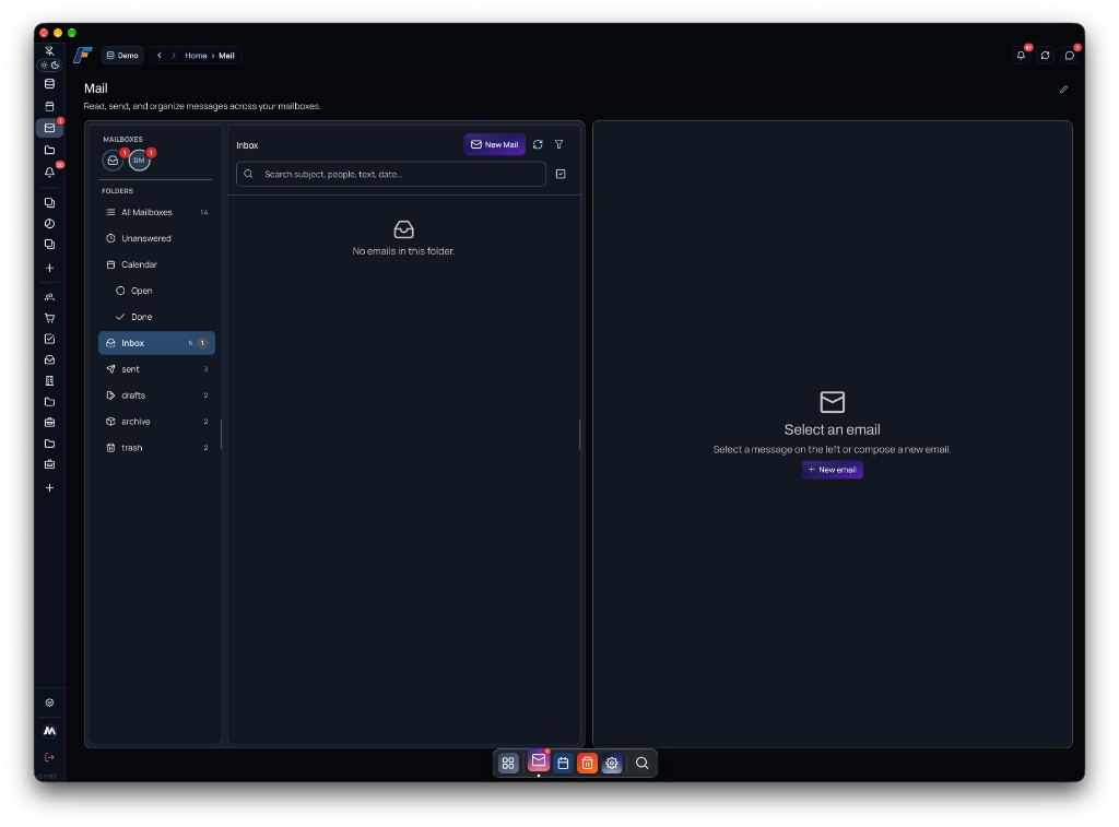 createFLOW – die Plattform für CRM, Dashboards und tägliche Abläufe 6 createFLOW Mail-Inbox im dunklen Multitask-Fenster