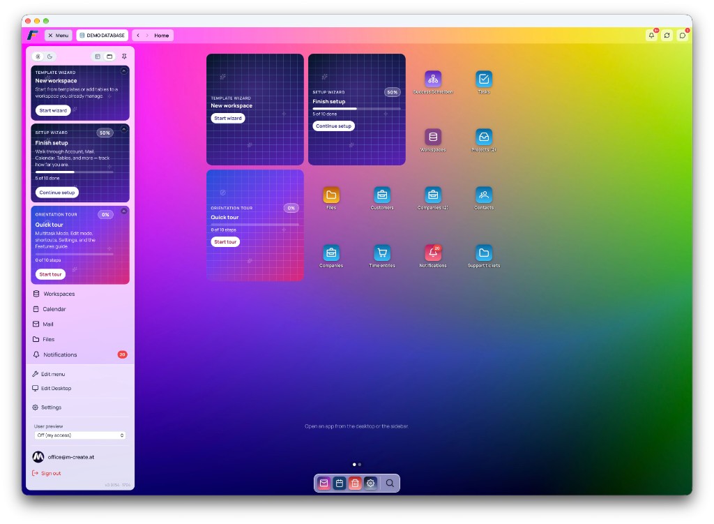 createFLOW – die Plattform für CRM, Dashboards und tägliche Abläufe 2 createFLOW Seitenmenü mit Workspaces, Mail, Kalender und Setup