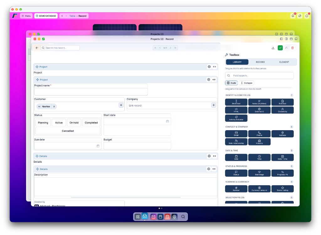 createFLOW – die Plattform für CRM, Dashboards und tägliche Abläufe 5 createFLOW Record-Layout mit Feld-Bibliothek für Projekte