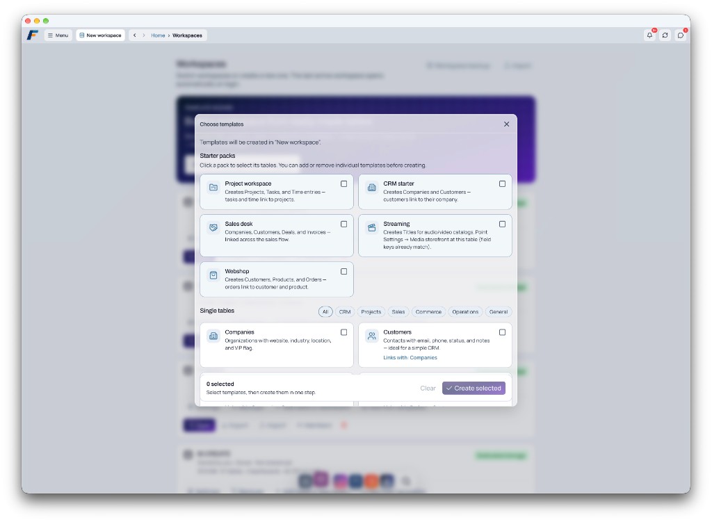 createFLOW – die Plattform für CRM, Dashboards und tägliche Abläufe 4 createFLOW Template-Auswahl: Starter Packs und Einzel-Tabellen
