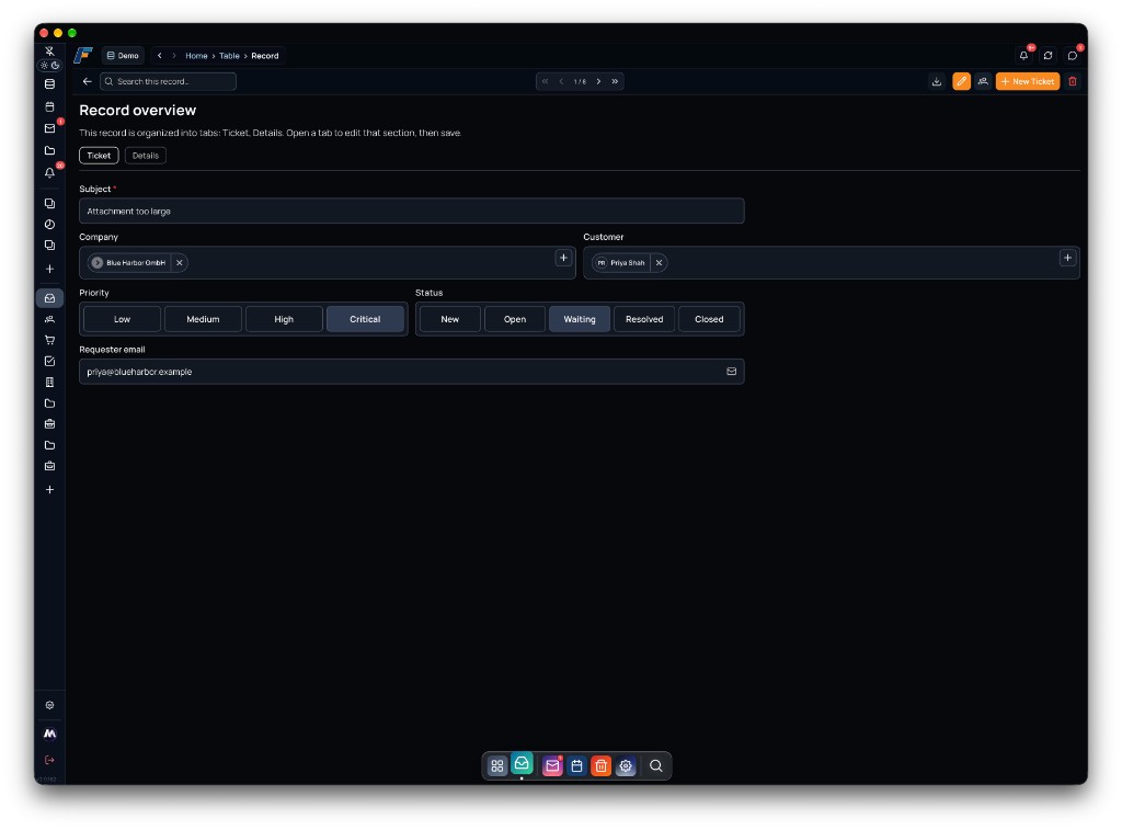 createFLOW – die Plattform für CRM, Dashboards und tägliche Abläufe 9 createFLOW Support-Ticket mit Priorität, Status und Verknüpfungen