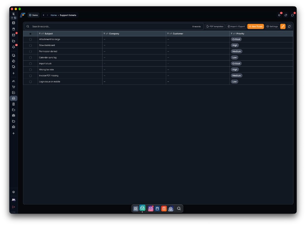 createFLOW – die Plattform für CRM, Dashboards und tägliche Abläufe 8 createFLOW Support-Tickets-Tabelle mit Prioritäts-Badges