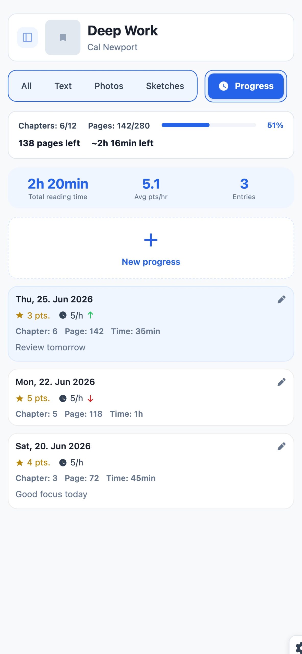 createSTUDY – die iPhone-App für Lernnotizen, Skizzen und Lesefortschritt 1 createSTUDY Screenshot: Fortschritt und Lernzeit