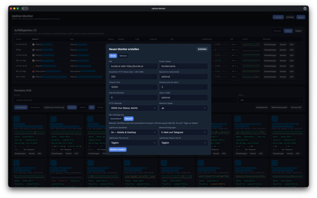 Uptime Monitor – Status, SSL und Performance vieler Domains im Blick 2 uptime monitor add new